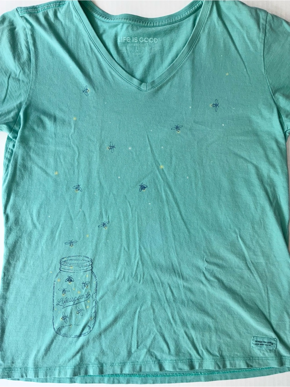 Life Is Good Crusher Tee Women’s Short Sleeve Shirt Size Large Teal Firefly Jar